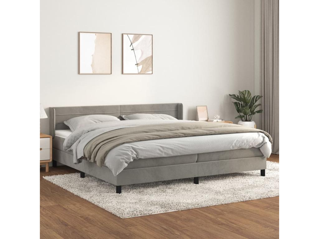 Upholstered bed base and mattress, light grey, 200x200cm, velvet, BJNX31679