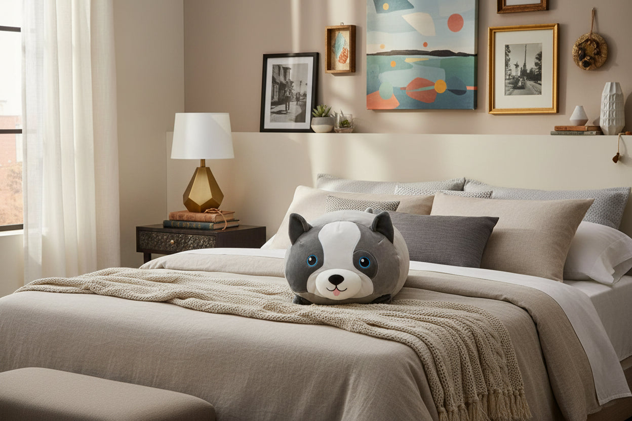 Plush polyester cushion, dog character, 30x30 cm, PETS collection, grey with blue eyes, XZYJ63368