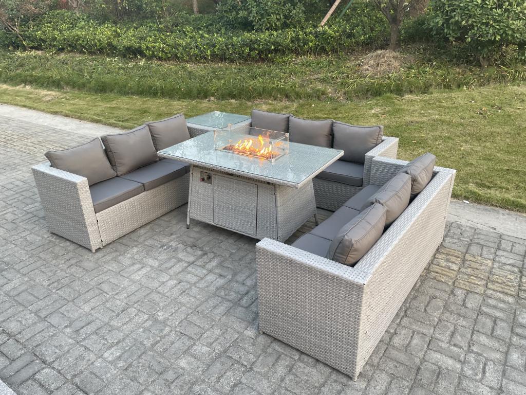 Rattan garden furniture set including gas fire pit table, sofa, and side table, light grey, OQRF47022
