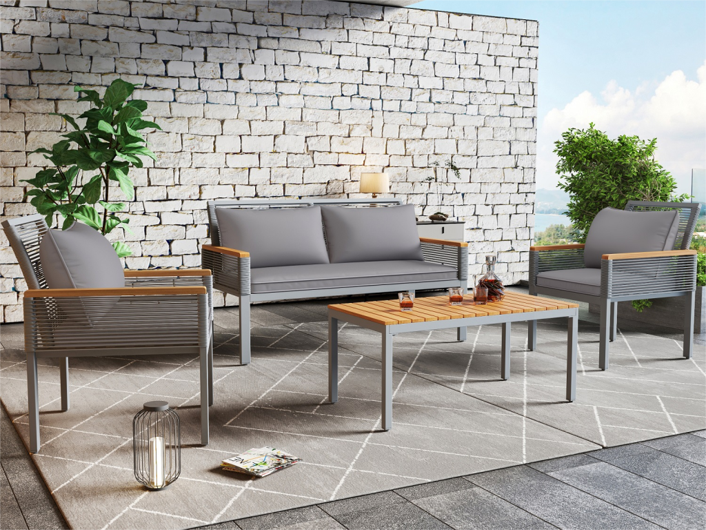 Metal garden furniture set: one 2-seater sofa, two armchairs, one coffee table - natural Mobenze grey EAPR11323