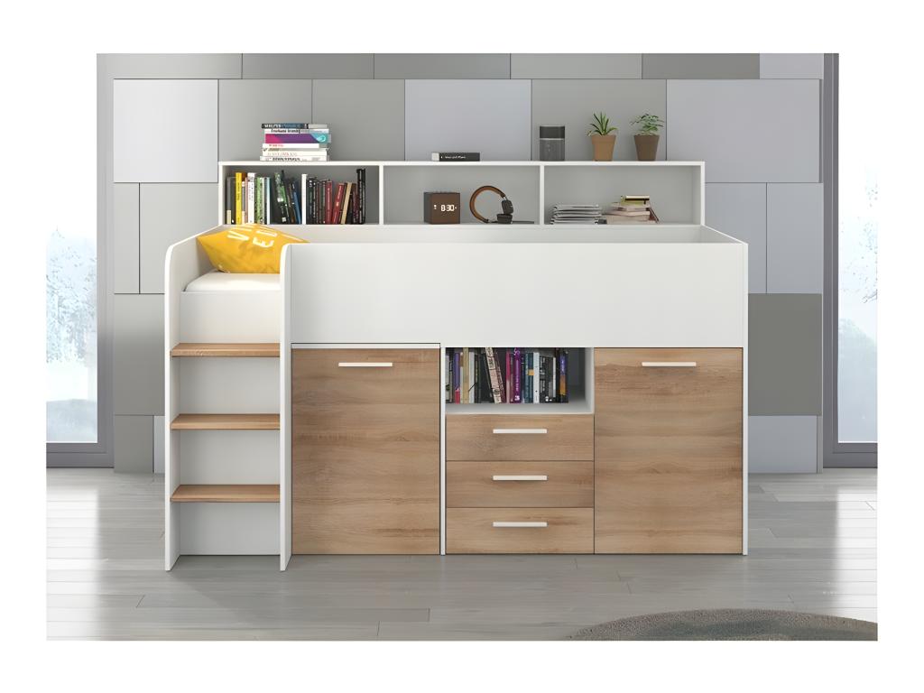 Mezzanine bed 80x200cm with ladder, wardrobe, removable desk, bookcase and shelves, Mobenze L White/Oak Mobenze JORE24007