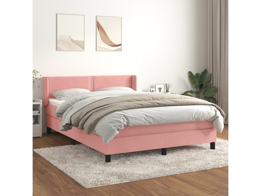 Upholstered bed base with mattress, Pink, 140x190 cm, Velvet, JDKK84111