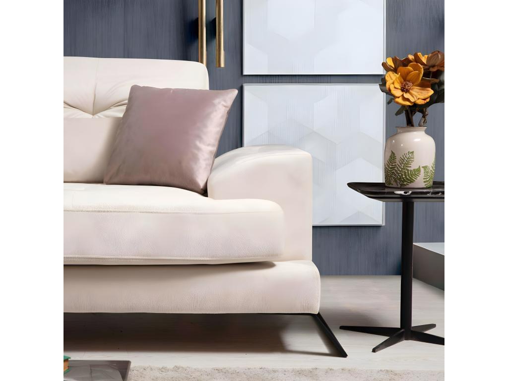 Right-hand corner sofa with 5 cushions, Cyclades textured velvet with leather effect, Ecru MHEJ00050