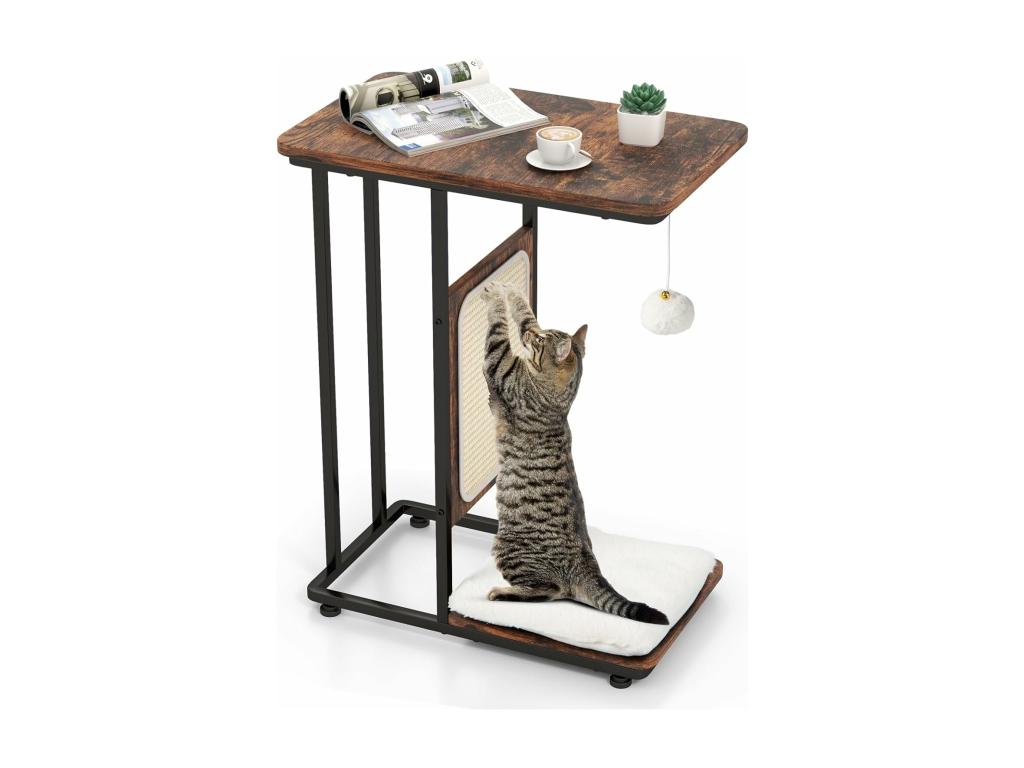 Cat tree and side table with scratching mat and hanging ball, brown KXBQ86336