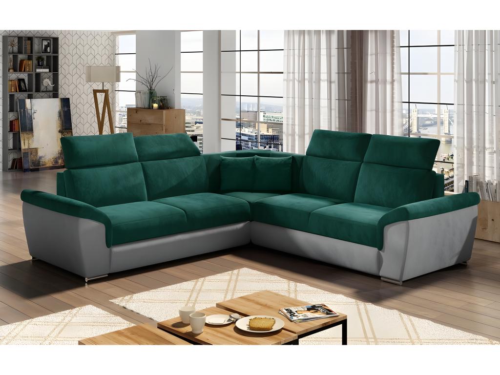 Corner sofa bed - Mobenze - in green and grey Mobenze fabric, 5/6 seater JYNL42150