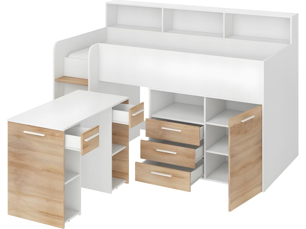 Mezzanine bed 80x200cm with ladder, wardrobe, removable desk, bookcase and shelves, Mobenze L White/Oak Mobenze JORE24007