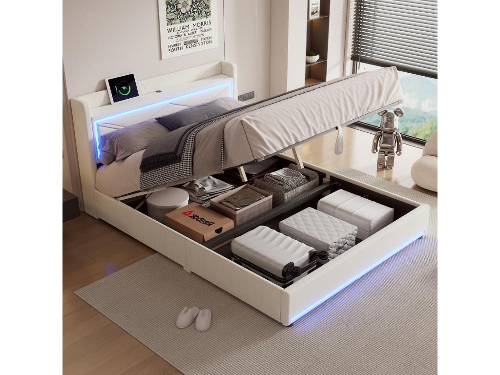 160x200cm Linen Fabric Storage Bed - with LED and USB Ports - with Wooden Slatted Base - Beige CEWZ65341