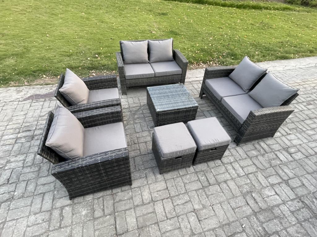 Rattan garden furniture set with square coffee table and two-seater sofa, dark grey, EWKC53375