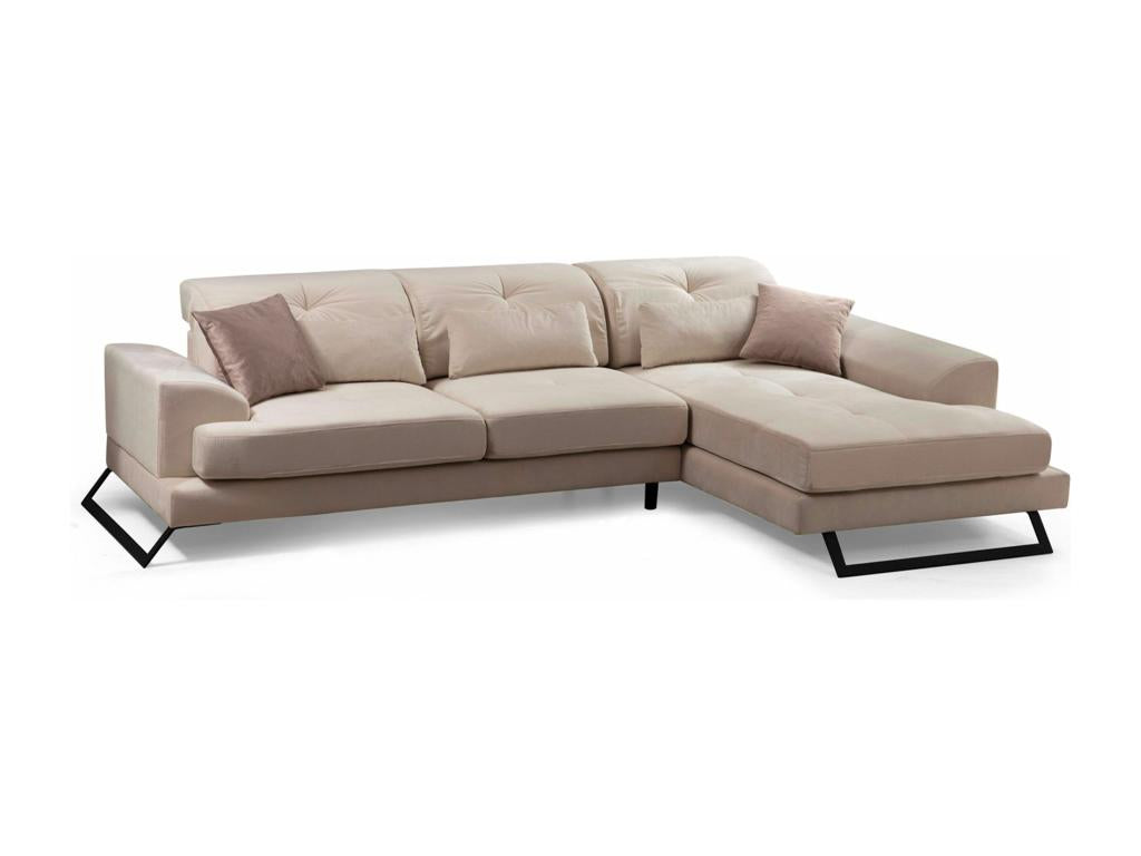 Right-hand corner sofa with 5 cushions, Cyclades textured velvet with leather effect, Ecru MHEJ00050