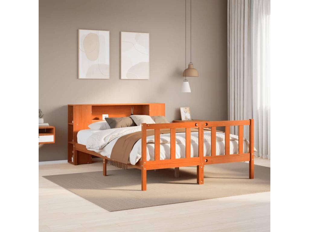 Bookshelf bed without mattress, brown wax finish, 140x190 cm, solid pine, FXFN37084