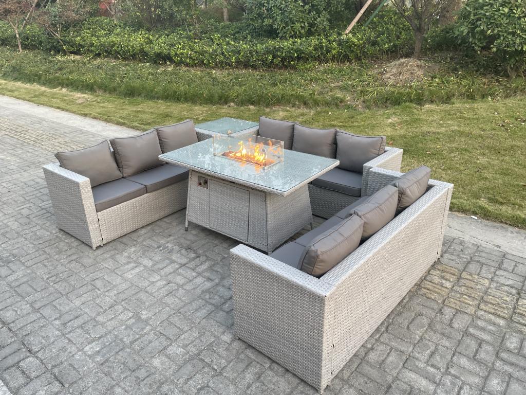 Rattan garden furniture set including gas fire pit table, sofa, and side table, light grey, OQRF47022