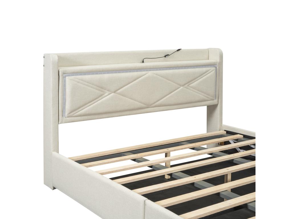 160x200cm Linen Fabric Storage Bed - with LED and USB Ports - with Wooden Slatted Base - Beige CEWZ65341
